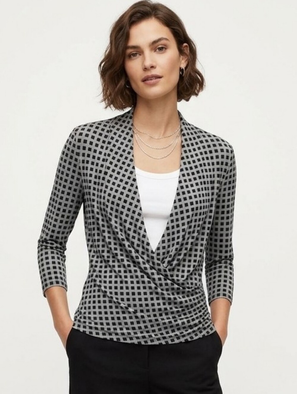 The Limited Black and White Draped Wrap-Front Top Large